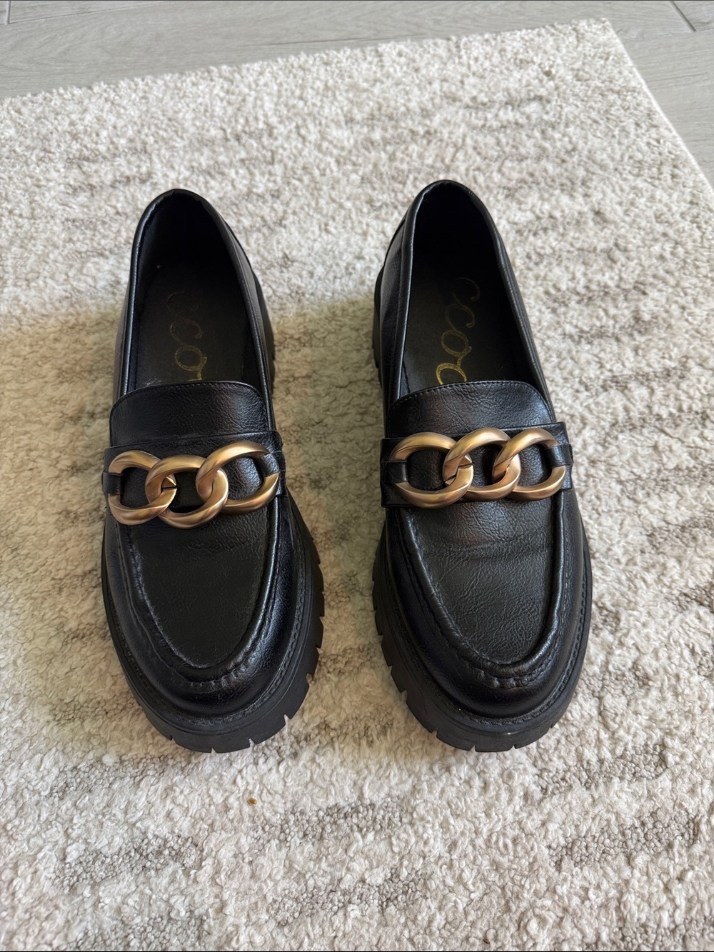 CCOCCI Black Leather Loafers with Gold Chain Accent